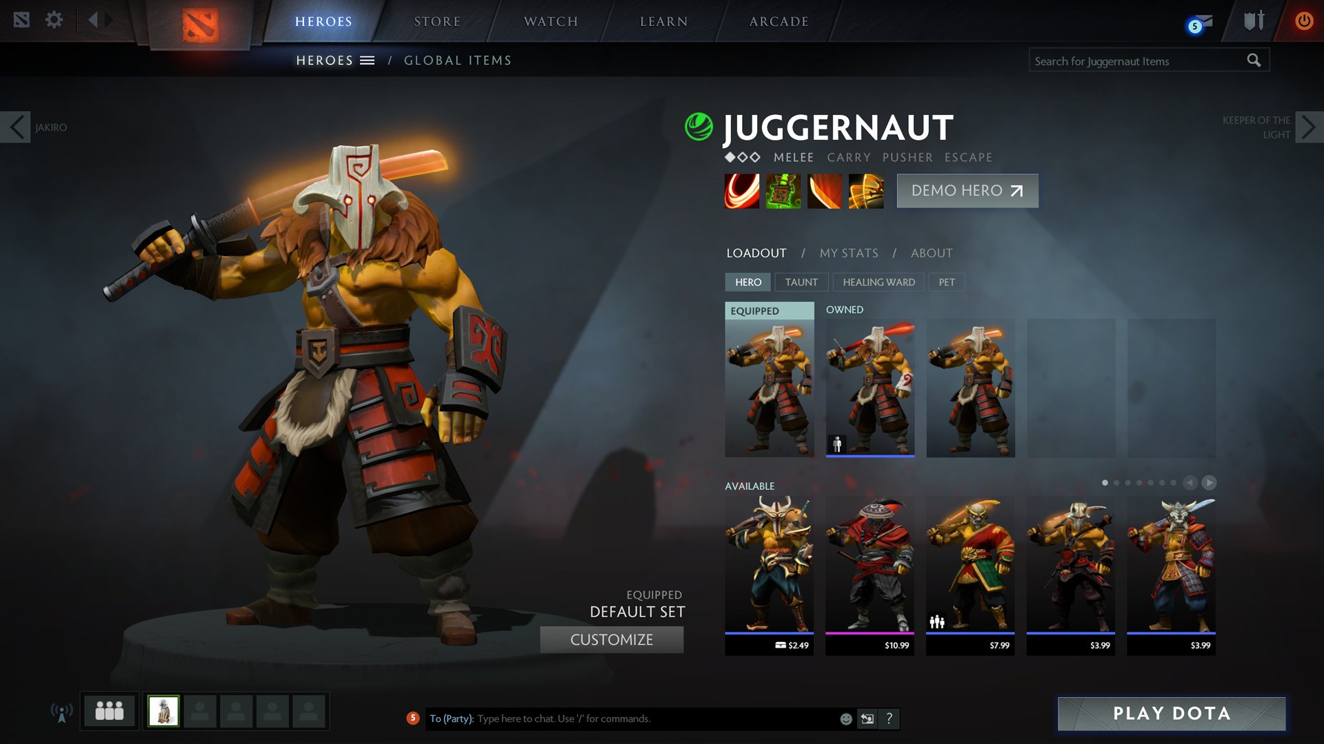 Dota 2 Juggernaut hero page with Demo Hero and Play Dota buttons