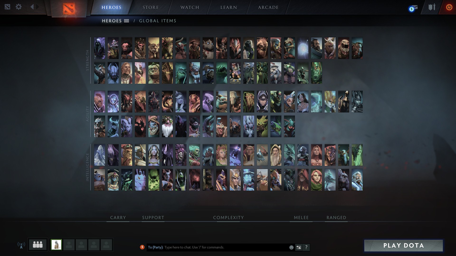 Dota 2 hero grid sorted into Strength, Agility and Intelligence rows