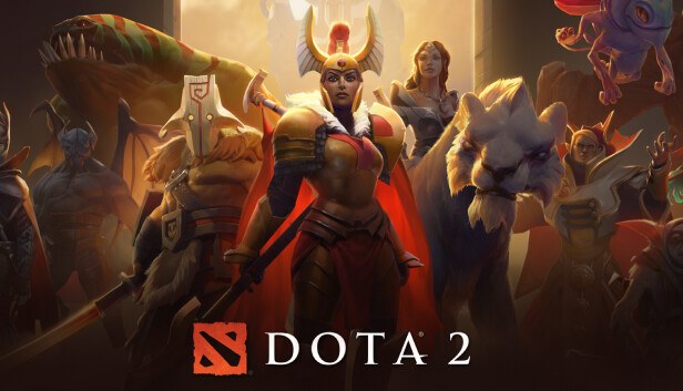 Dota 2 key art showing Juggernaut and other heroes above the logo
