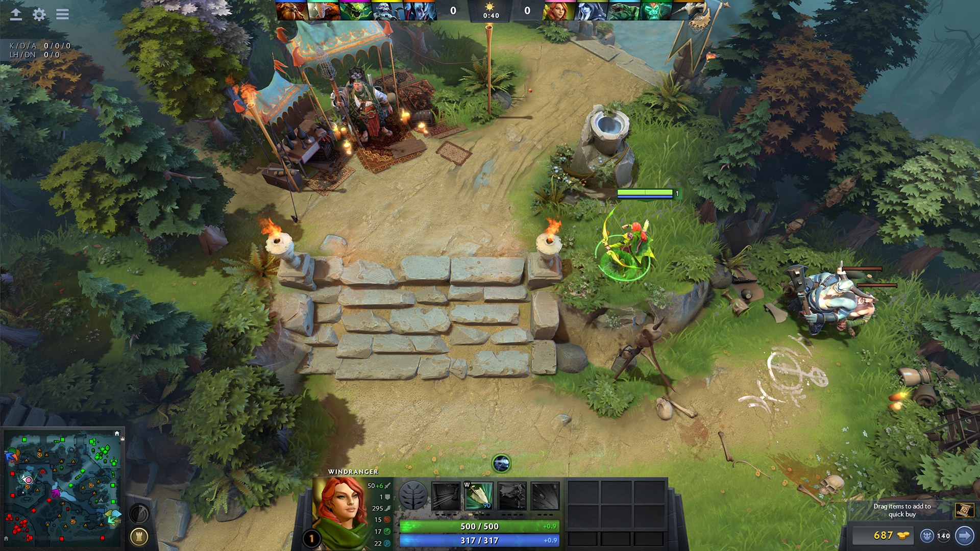 Dota 2 match with a hero near a stone shrine and minimap