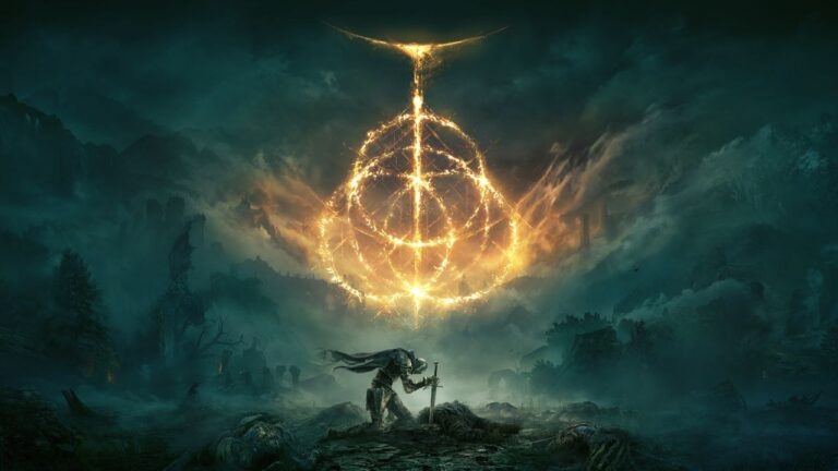 Elden Ring key art of a kneeling knight beneath the glowing Elden Ring