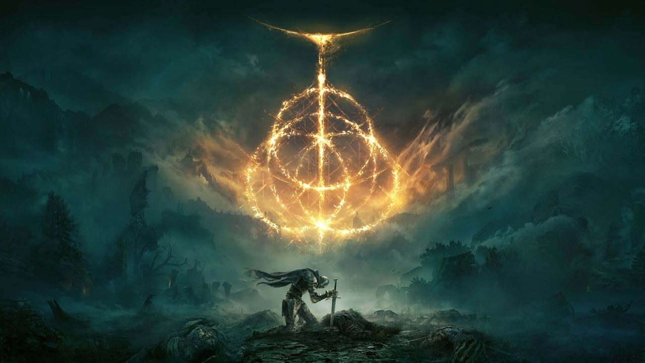 Elden Ring key art of a kneeling knight beneath the glowing Elden Ring
