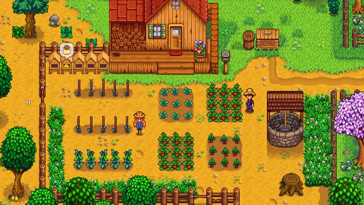 Farmer standing among crop plots beside a farmhouse and stone well