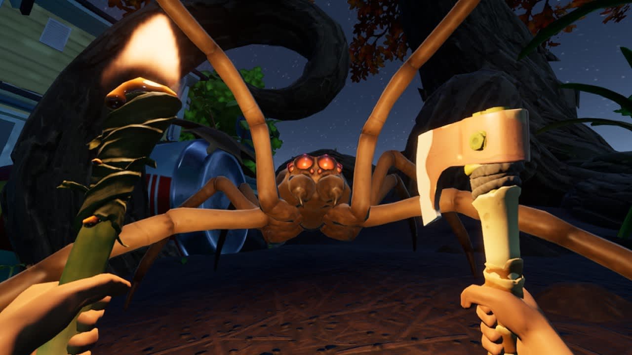 First-person Grounded view facing a giant spider at night with torch and axe