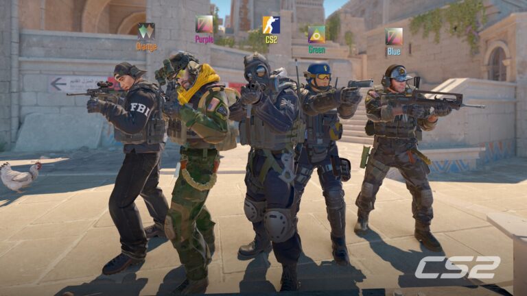 Five Counter-Strike 2 counter-terrorist agents aiming rifles on a sunlit desert map