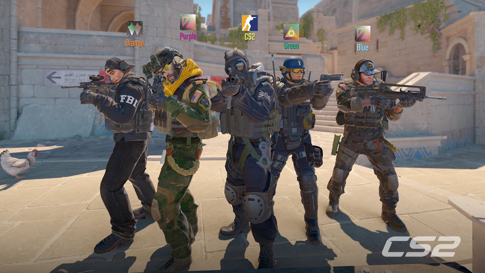 Five Counter-Strike 2 counter-terrorist agents aiming rifles on a sunlit desert map