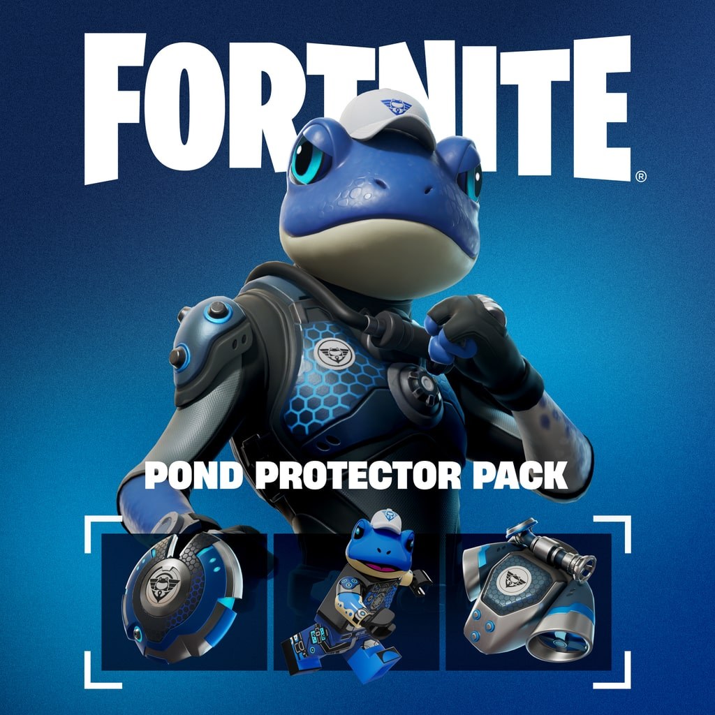 Fortnite Pond Protector Pack art with a blue frog outfit and shield
