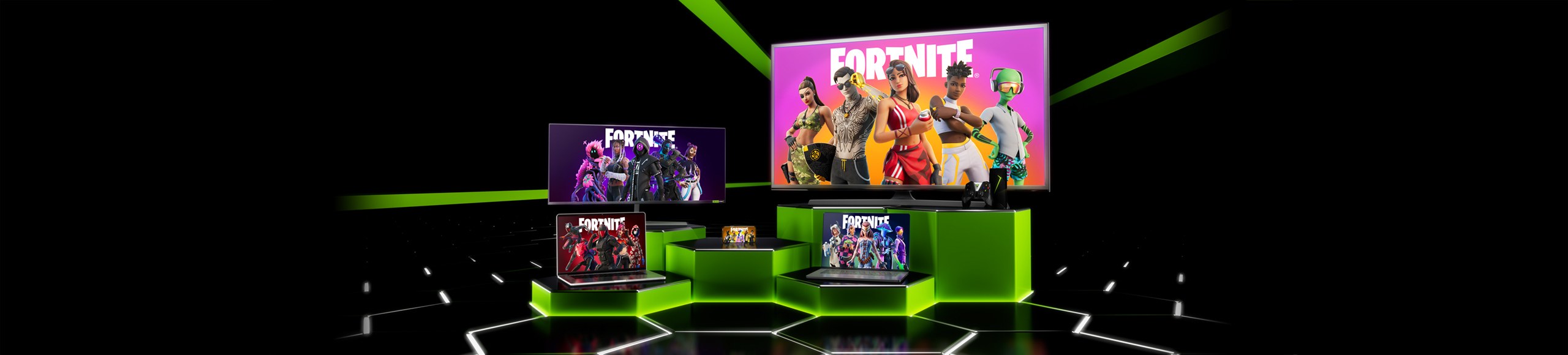 Fortnite artwork on a TV, monitors and laptops streaming through GeForce NOW