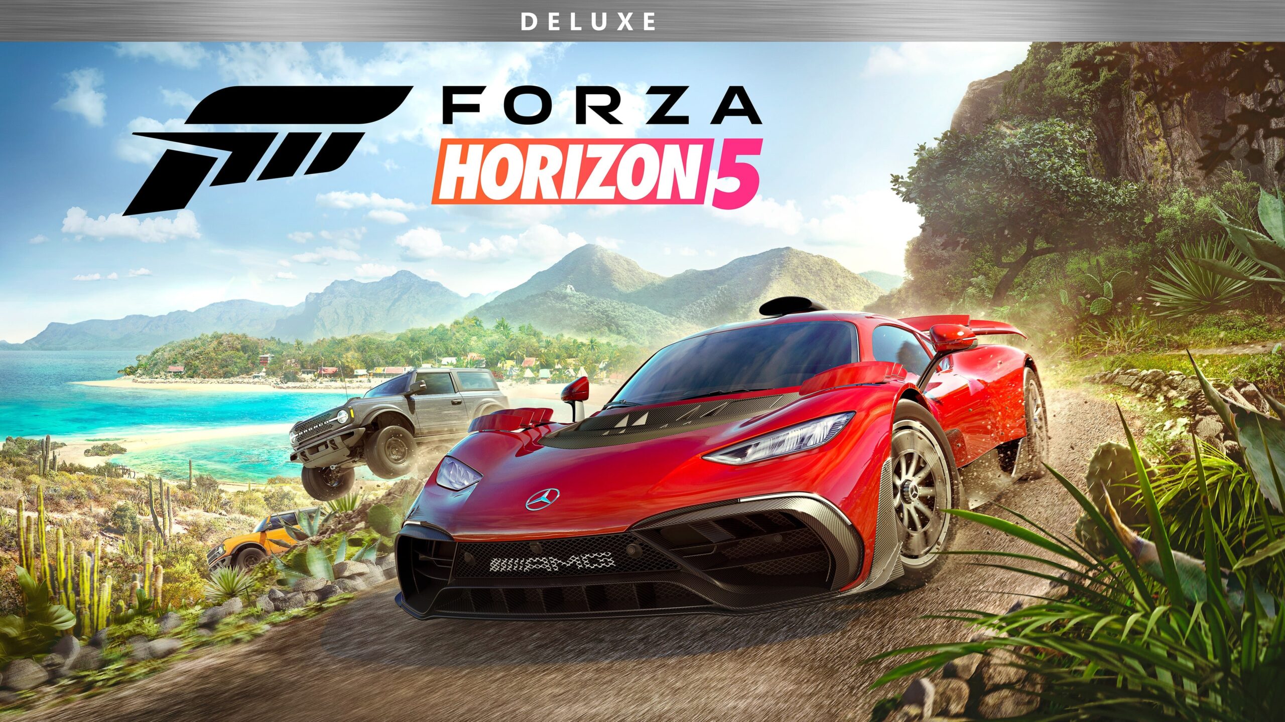 Forza Horizon 5 Deluxe key art with a red Mercedes-AMG supercar