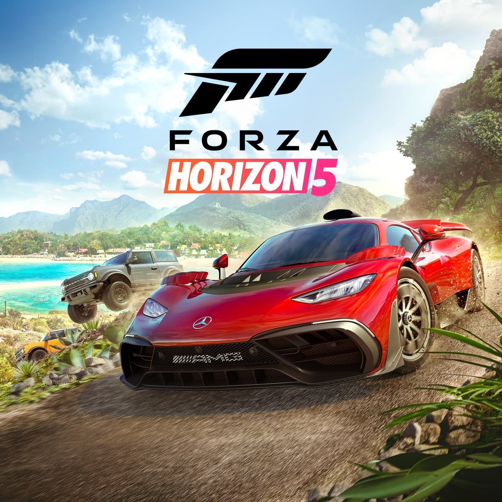 Forza Horizon 5 key art with a red supercar and an off-roader