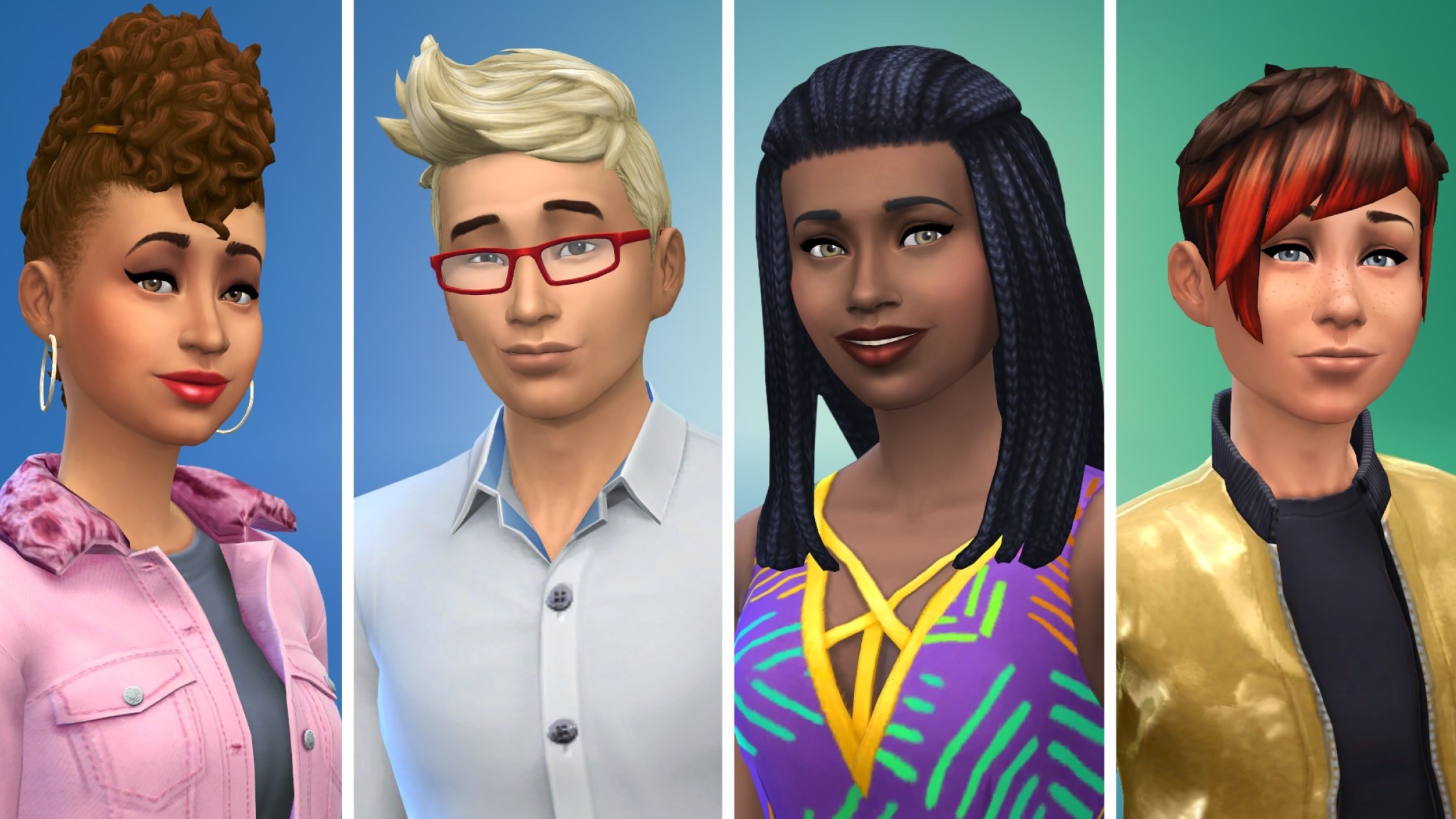 Four Sims shown side by side as portraits in The Sims 4