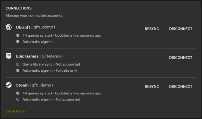 GeForce NOW Connections panel with linked Ubisoft, Epic Games and Steam accounts