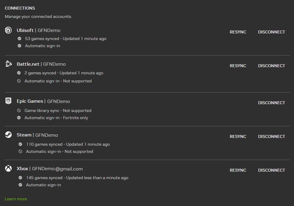 GeForce NOW Connections screen listing Battle.net, Steam, Ubisoft and Xbox accounts