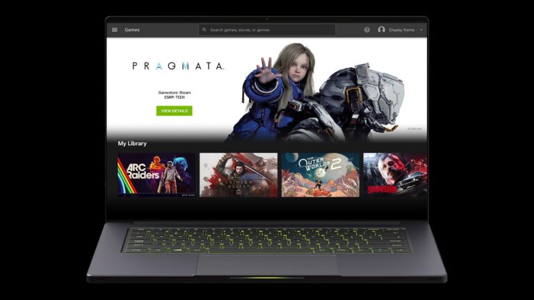 GeForce NOW app on a laptop showing the games page and My Library