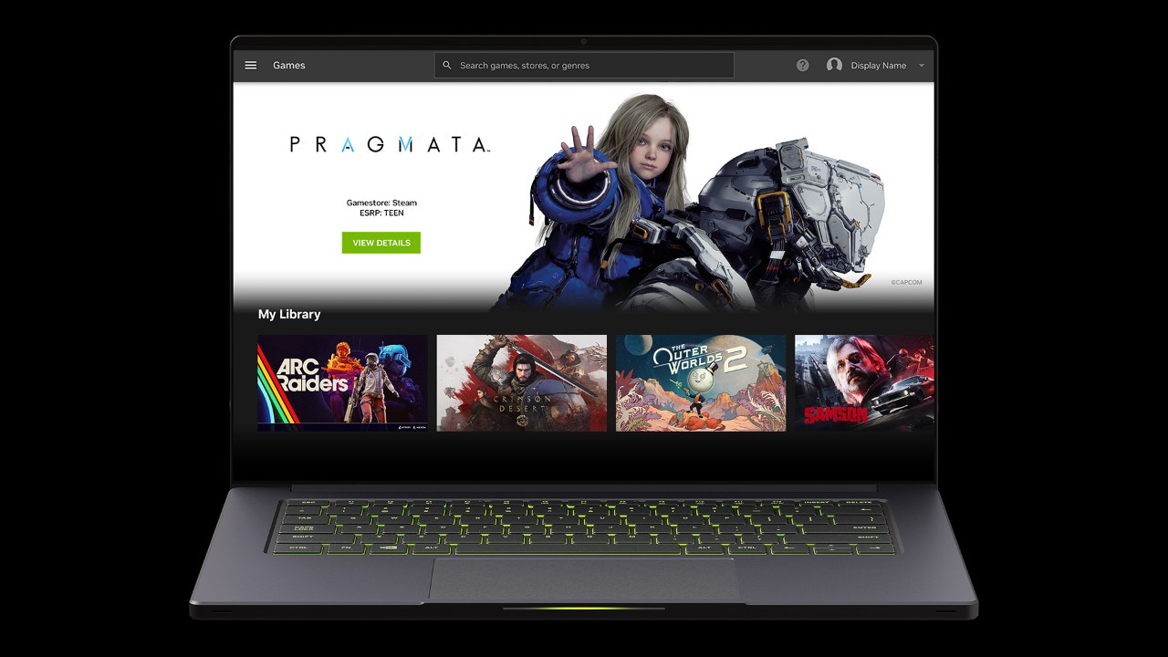 GeForce NOW app on a laptop showing the games page and My Library