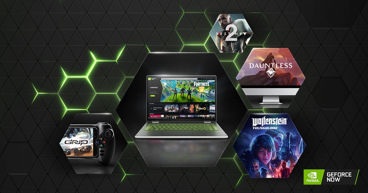 GeForce NOW artwork showing games on a laptop, monitor and phone