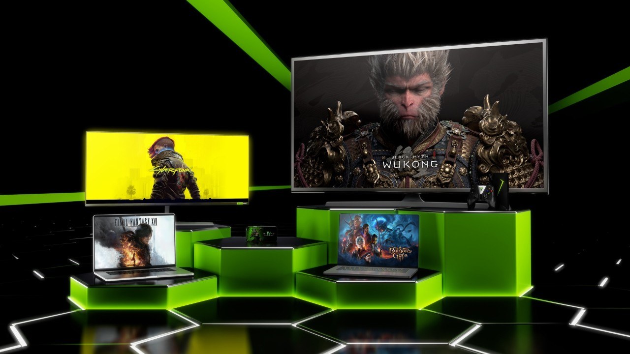 GeForce NOW games shown on a TV, a monitor and two laptops
