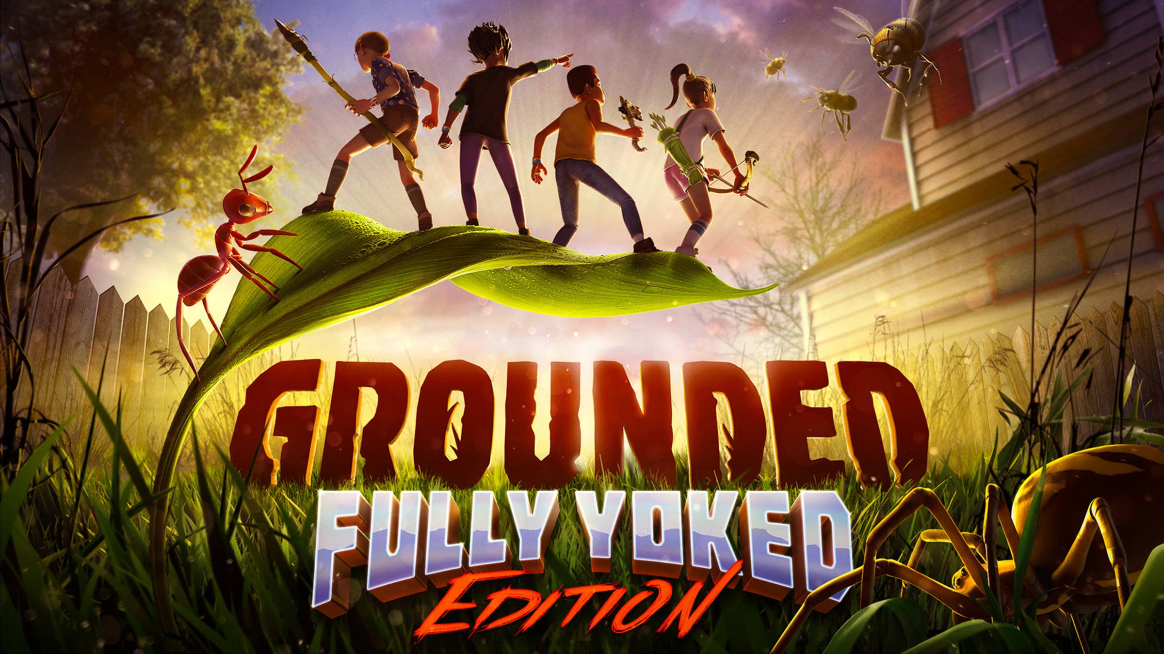 Grounded Fully Yoked Edition key art with four kids on a leaf