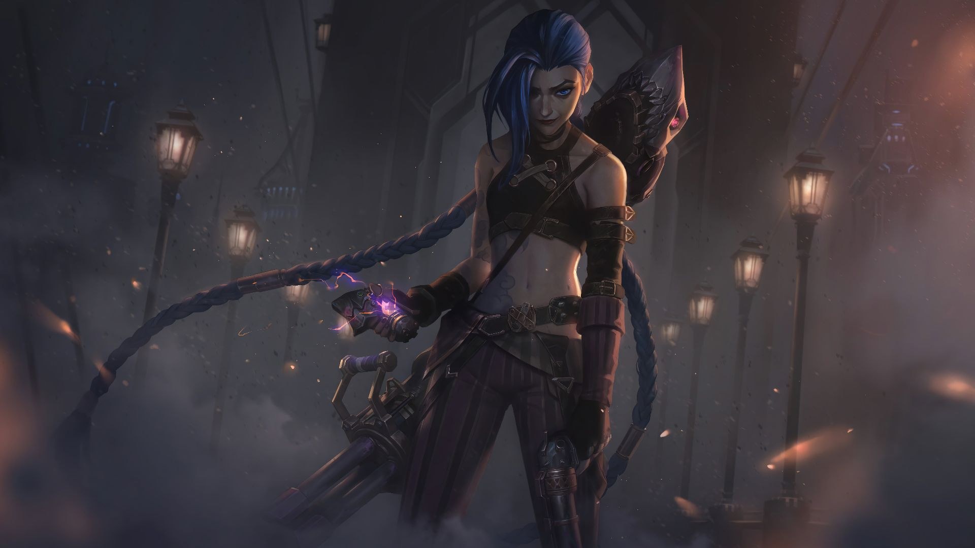 League of Legends champion Jinx holding a minigun on a lamplit street