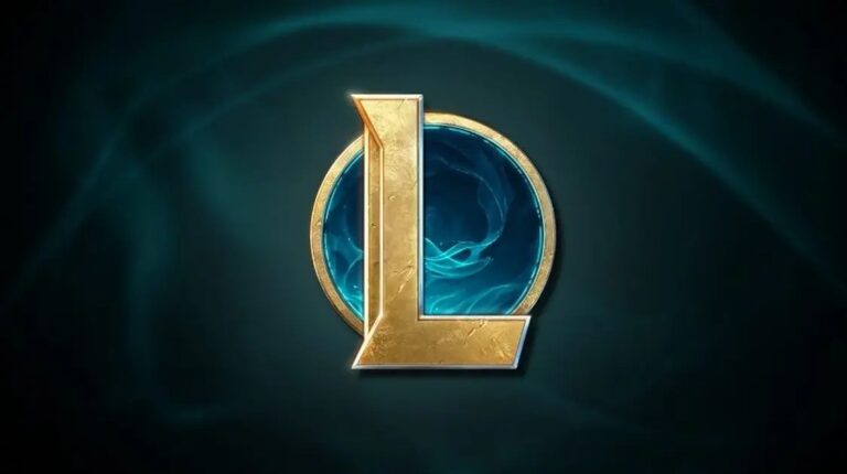 League of Legends gold L logo on a dark teal background