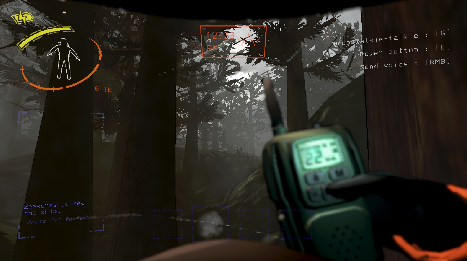 Lethal Company player holding a walkie-talkie in a misty pine forest