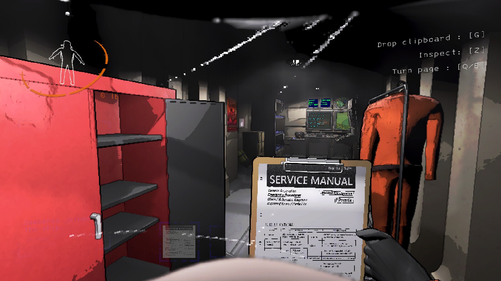 Lethal Company ship interior with a service manual clipboard and orange suit