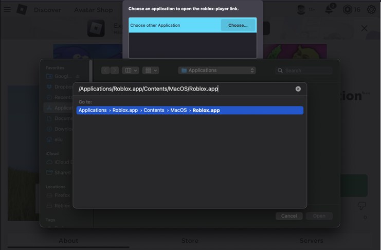 Mac Finder Go to field showing the Roblox.app path inside Applications