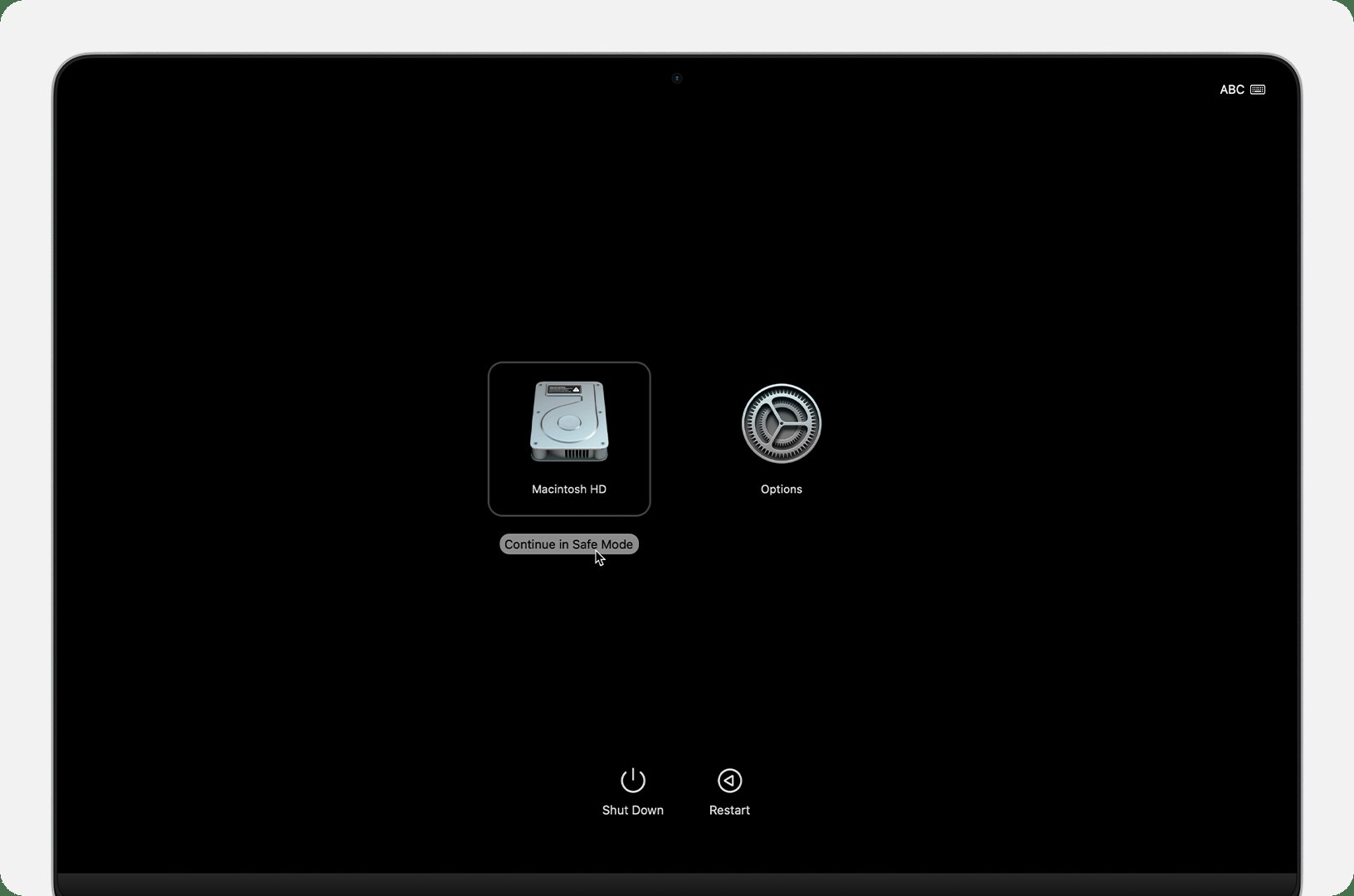 Mac startup options screen with Continue in Safe Mode under Macintosh HD