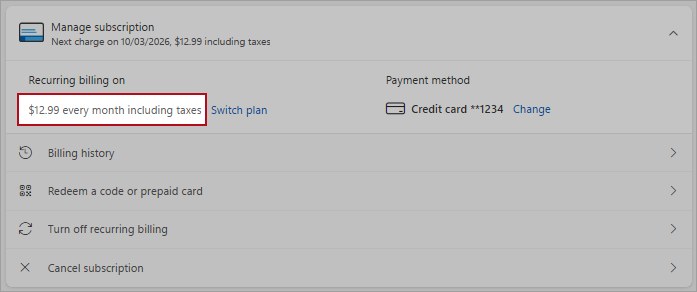Manage subscription panel showing Recurring billing on and the next charge date