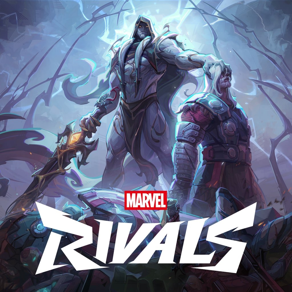 Marvel Rivals logo beneath two armored characters against a stormy sky
