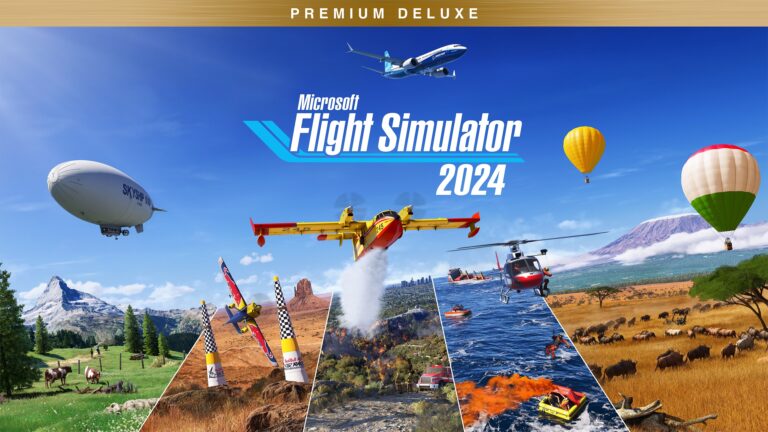 Microsoft Flight Simulator 2024 Premium Deluxe key art with firefighting plane and airship