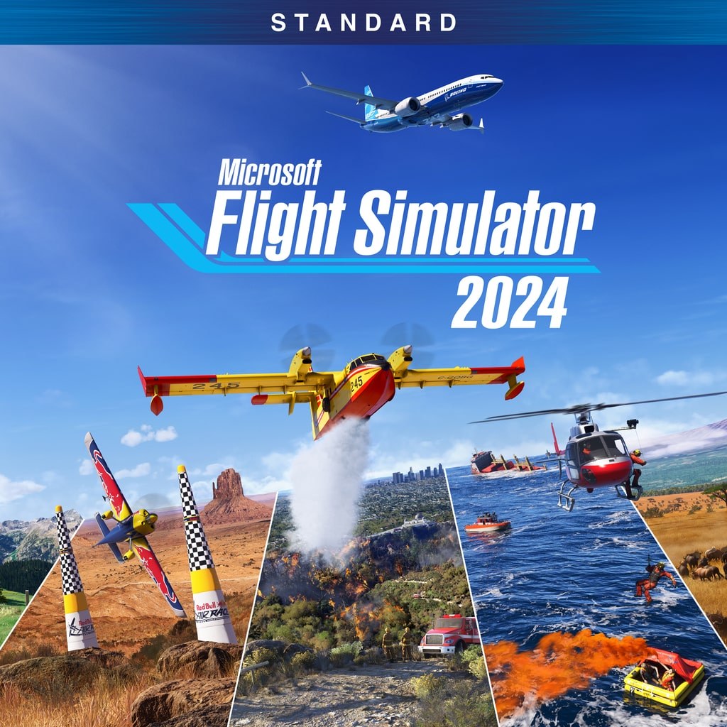 Microsoft Flight Simulator 2024 Standard Edition cover with helicopter rescue and air race