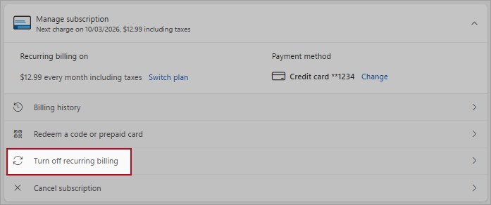 Microsoft account Manage subscription panel with Turn off recurring billing highlighted