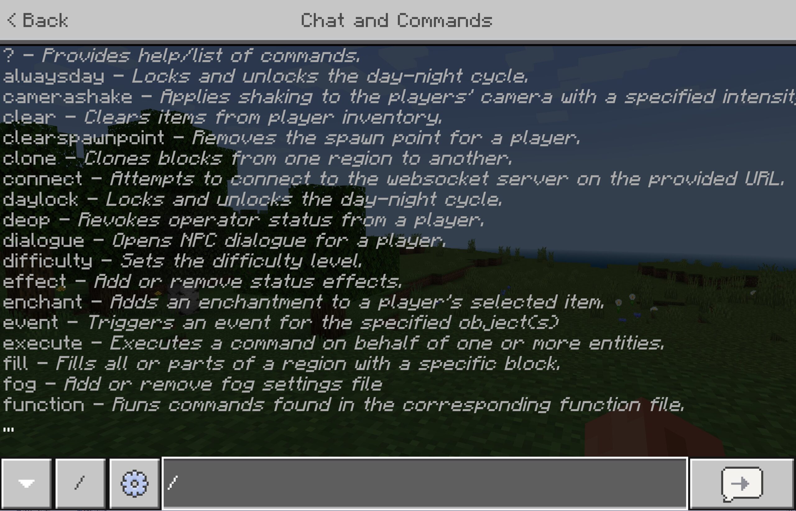 Minecraft Bedrock Chat and Commands screen listing commands after a slash