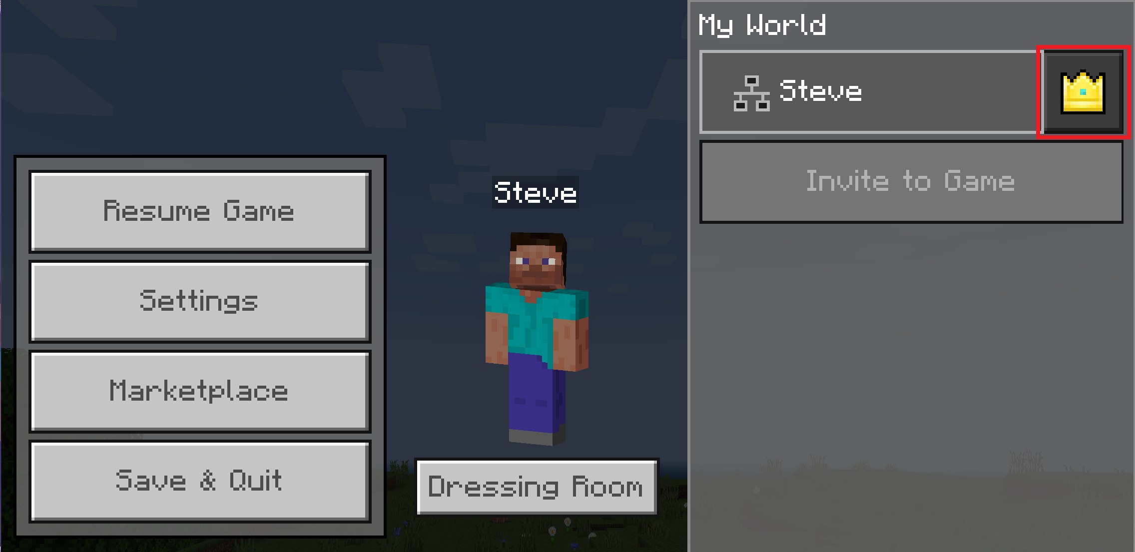 Minecraft Bedrock pause menu with the player permission icon highlighted