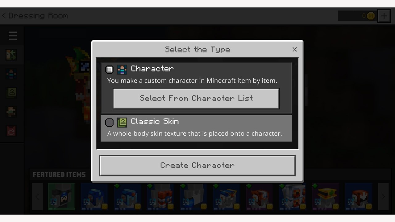 Minecraft Dressing Room window offering Character or Classic Skin
