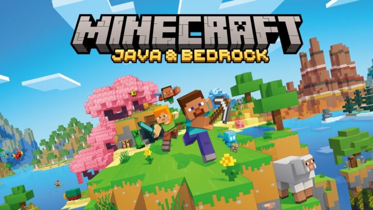 Minecraft Java & Bedrock key art with Steve, Alex and a sheep