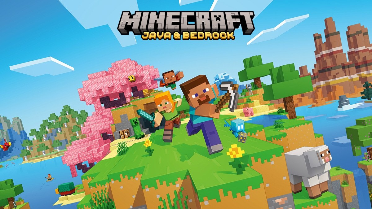 Minecraft Java and Bedrock key art with Steve, Alex and a creeper