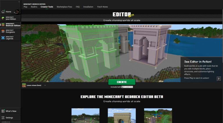 Minecraft Launcher Creator Tools tab showing the Bedrock Editor Create button