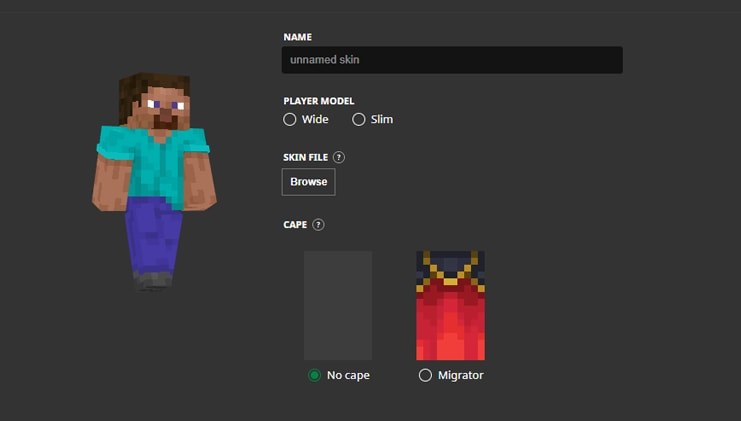 Minecraft Launcher new skin form with name, player model and Browse button