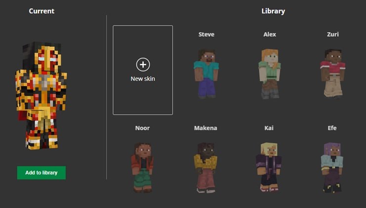 Minecraft Launcher skin library with a New skin tile and default skins