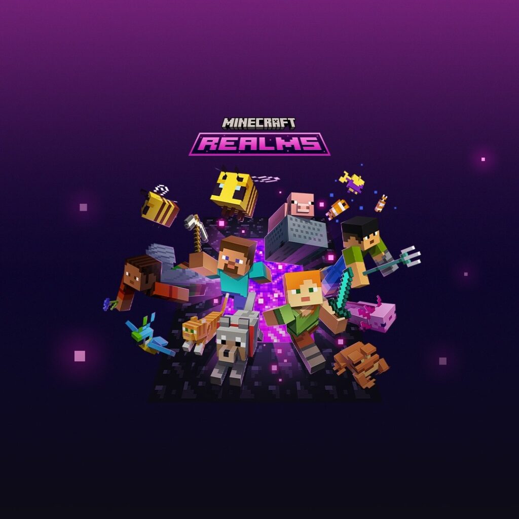 Minecraft Realms logo above Steve, Alex and mobs running through a portal