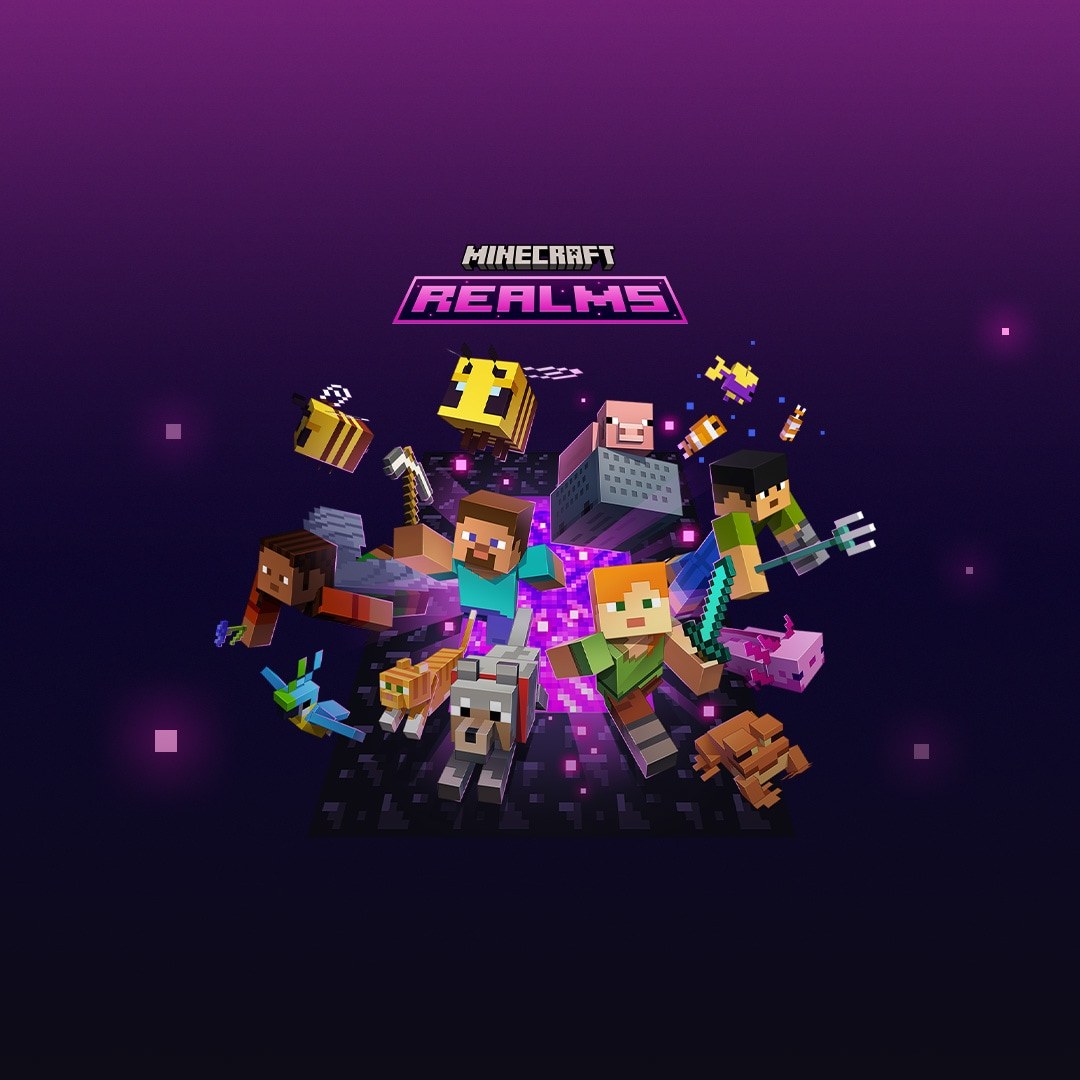 Minecraft Realms logo above Steve, Alex and mobs running through a portal