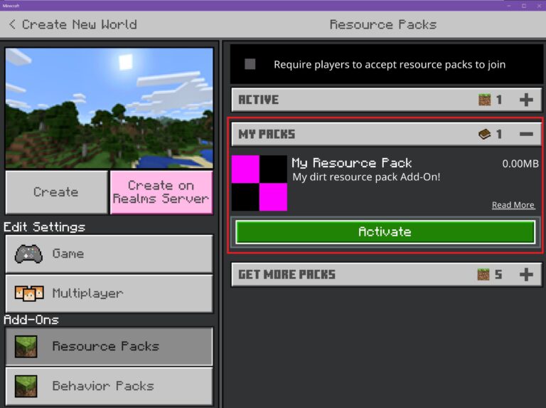 Minecraft Resource Packs screen showing My Resource Pack with Activate button