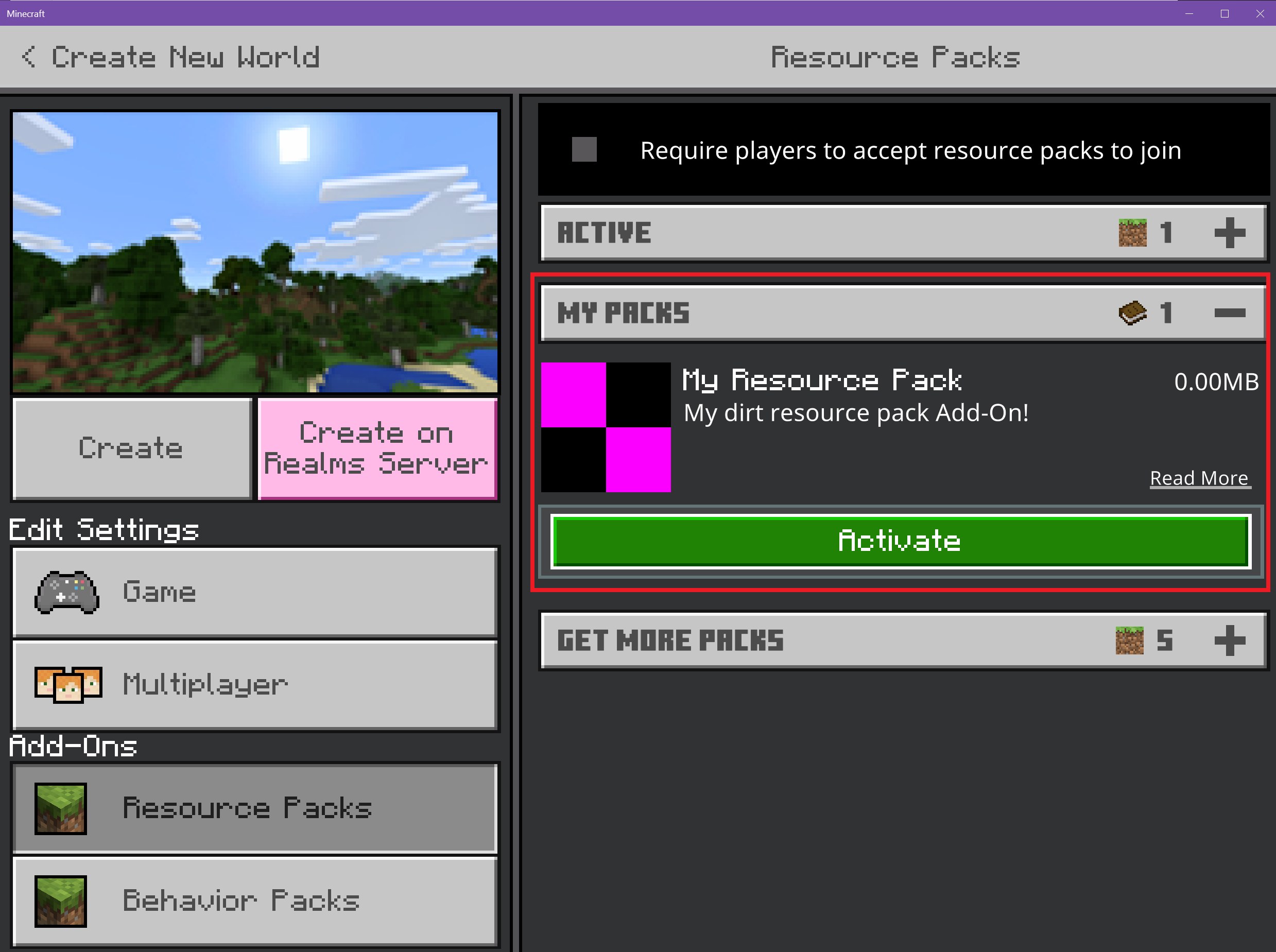 Minecraft Resource Packs screen showing My Resource Pack with Activate button