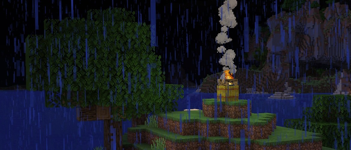 Minecraft campfire on a hay bale sending smoke up at night in rain