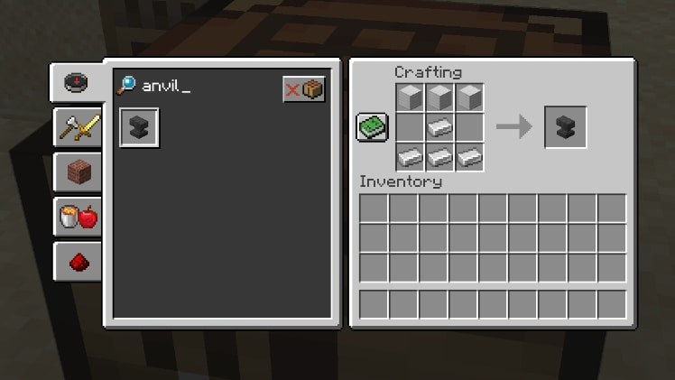 Minecraft crafting grid showing the anvil recipe with iron blocks and ingots