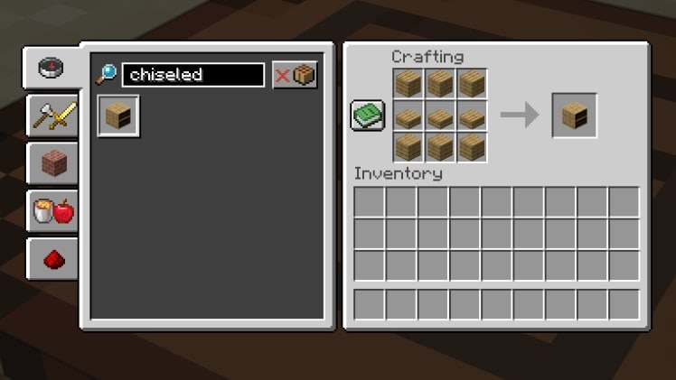 Minecraft crafting grid showing the chiseled bookshelf recipe with planks and slabs