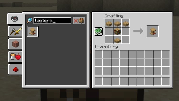 Minecraft crafting grid with a bookshelf under three wooden slabs making a lectern
