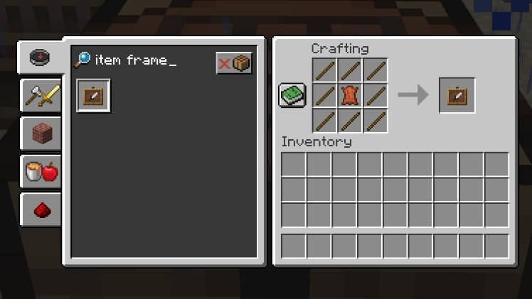 Minecraft crafting grid with eight sticks around one leather making an item frame